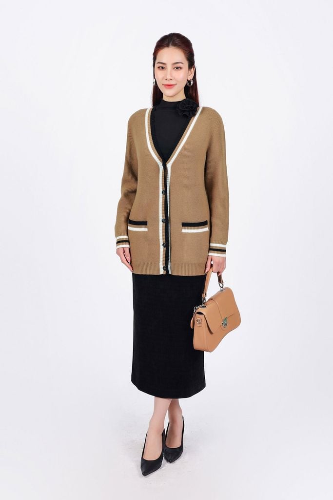 BKL469 - Áo khoác len cardigan cao cấp dáng suông cổ V sâu có túi hoạ tiết viền kẻ thời trang - PANTIO