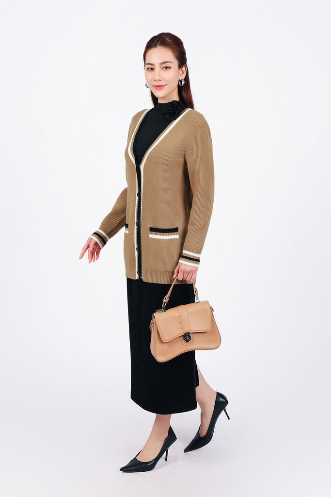 BKL469 - Áo khoác len cardigan cao cấp dáng suông cổ V sâu có túi hoạ tiết viền kẻ thời trang - PANTIO