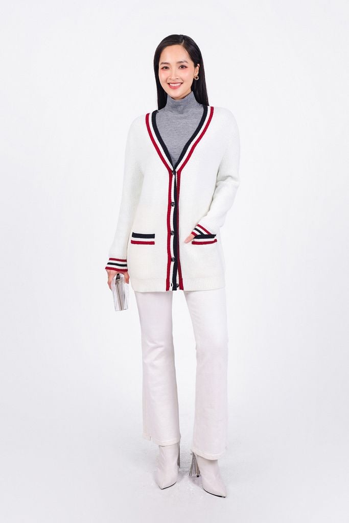 BKL469 - Áo khoác len cardigan cao cấp dáng suông cổ V sâu có túi hoạ tiết viền kẻ thời trang - PANTIO