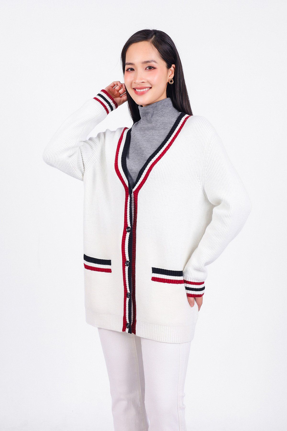 BKL469 - Áo khoác len cardigan cao cấp dáng suông cổ V sâu có túi hoạ tiết viền kẻ thời trang - PANTIO