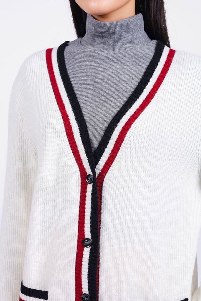 BKL469 - Áo khoác len cardigan cao cấp dáng suông cổ V sâu có túi hoạ tiết viền kẻ thời trang - PANTIO