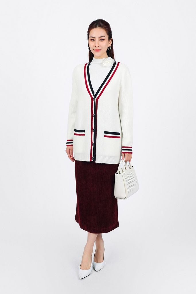 BKL469 - Áo khoác len cardigan cao cấp dáng suông cổ V sâu có túi hoạ tiết viền kẻ thời trang - PANTIO
