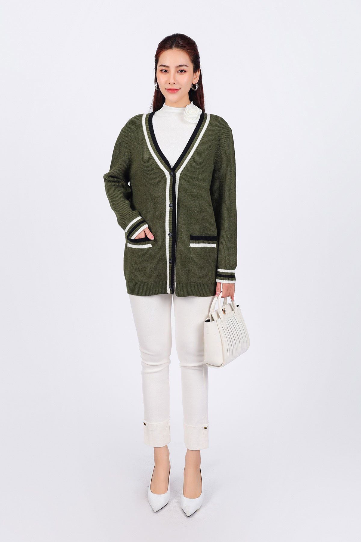 BKL469 - Áo khoác len cardigan cao cấp dáng suông cổ V sâu có túi hoạ tiết viền kẻ thời trang - PANTIO