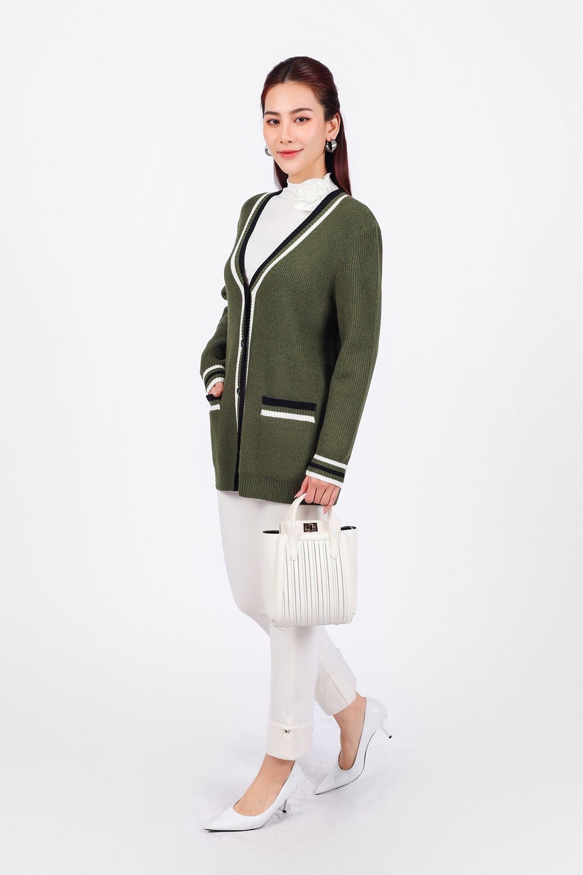 BKL469 - Áo khoác len cardigan cao cấp dáng suông cổ V sâu có túi hoạ tiết viền kẻ thời trang - PANTIO