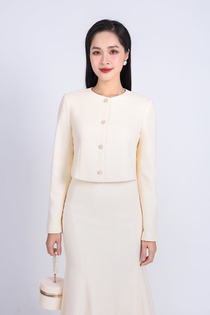BKM93208 - tylekeo8888 công sở vải dạ dáng lửng cổ tròn tay bồng nhẹ cài khuy đá thân trước - tỷ lệ kèo 8899