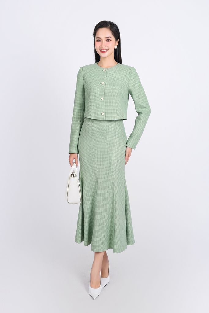 BKM93208 - tylekeo8888 công sở vải dạ dáng lửng cổ tròn tay bồng nhẹ cài khuy đá thân trước - tỷ lệ kèo 8899