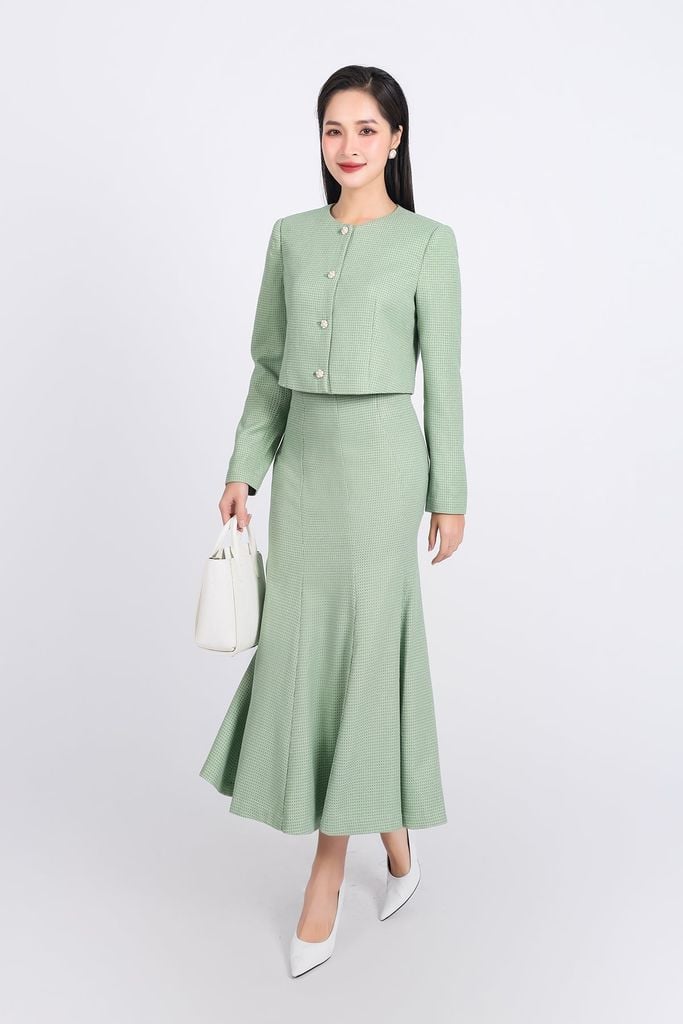 BKM93208 - tylekeo8888 công sở vải dạ dáng lửng cổ tròn tay bồng nhẹ cài khuy đá thân trước - tỷ lệ kèo 8899