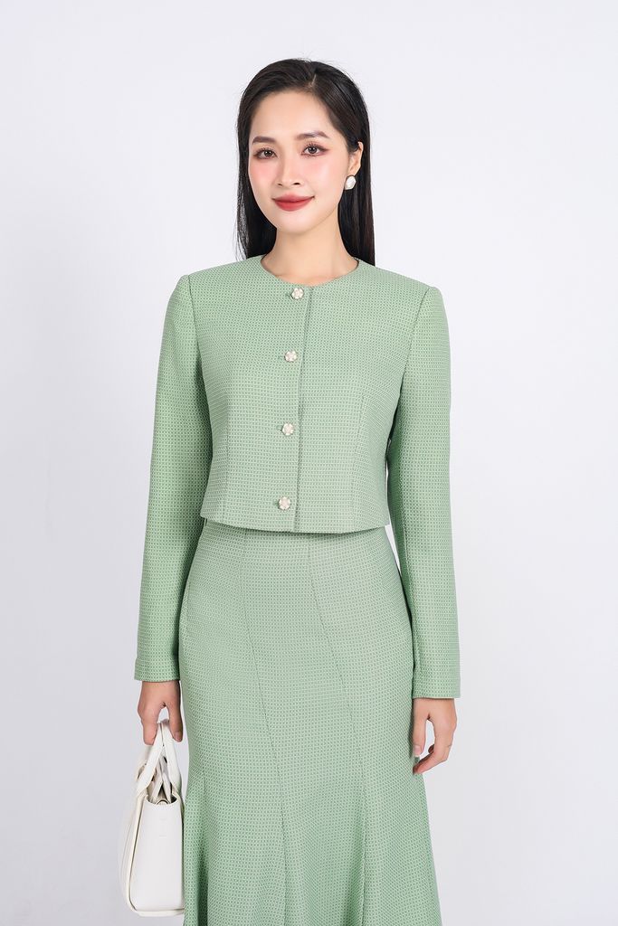 BKM93208 - tylekeo8888 công sở vải dạ dáng lửng cổ tròn tay bồng nhẹ cài khuy đá thân trước - tỷ lệ kèo 8899