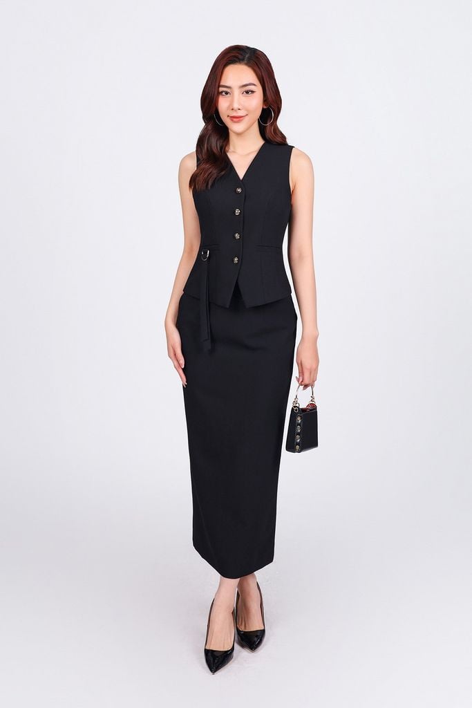 BKM93269 - Áo gile kiểu công sở vải tuytsi dáng ôm cổ xẻ V đính nắp túi ốp phối dây vạt tạo kiểu cài khuy thân trước - PANTIO