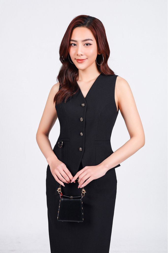 BKM93269 - Áo gile kiểu công sở vải tuytsi dáng ôm cổ xẻ V đính nắp túi ốp phối dây vạt tạo kiểu cài khuy thân trước - PANTIO