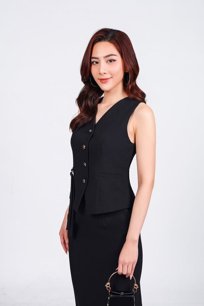BAV93269 - Áo khoác vest công sở vải tuytsi dáng suông cổ hai ve đính đá kim loại tạo kiểu - PANTIO