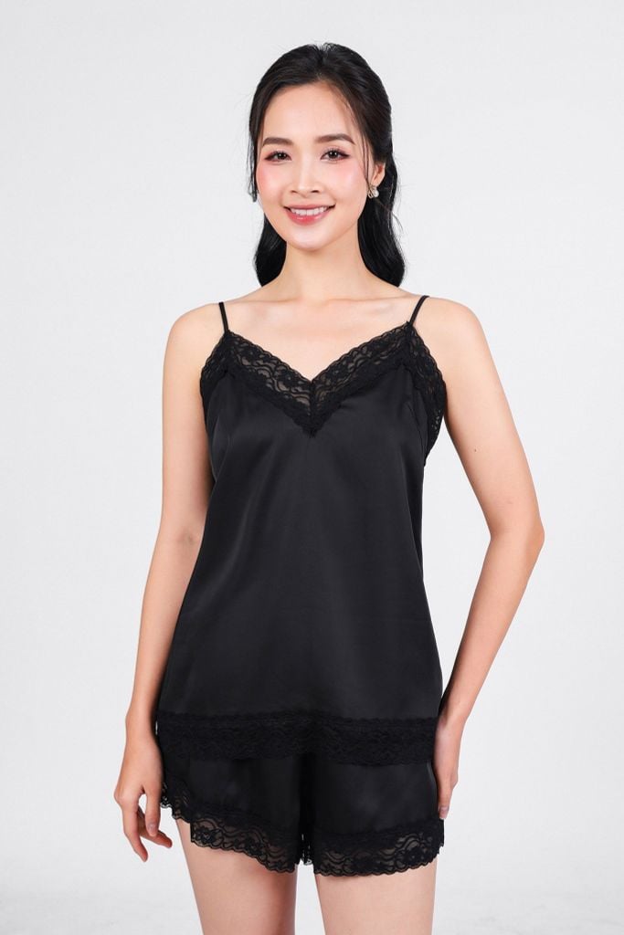 BMN3072 - Bộ mặc nhà vải lụa satin cao cấp dáng suông phối viền ren tạo kiểu - PANTIO