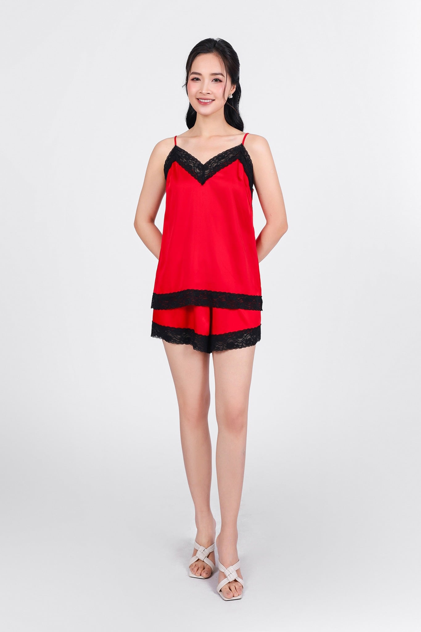 BMN3072 - Bộ mặc nhà vải lụa satin cao cấp dáng suông phối viền ren tạo kiểu - PANTIO