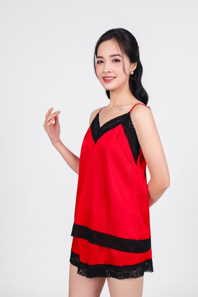 BMN3072 - Bộ mặc nhà vải lụa satin cao cấp dáng suông phối viền ren tạo kiểu - PANTIO