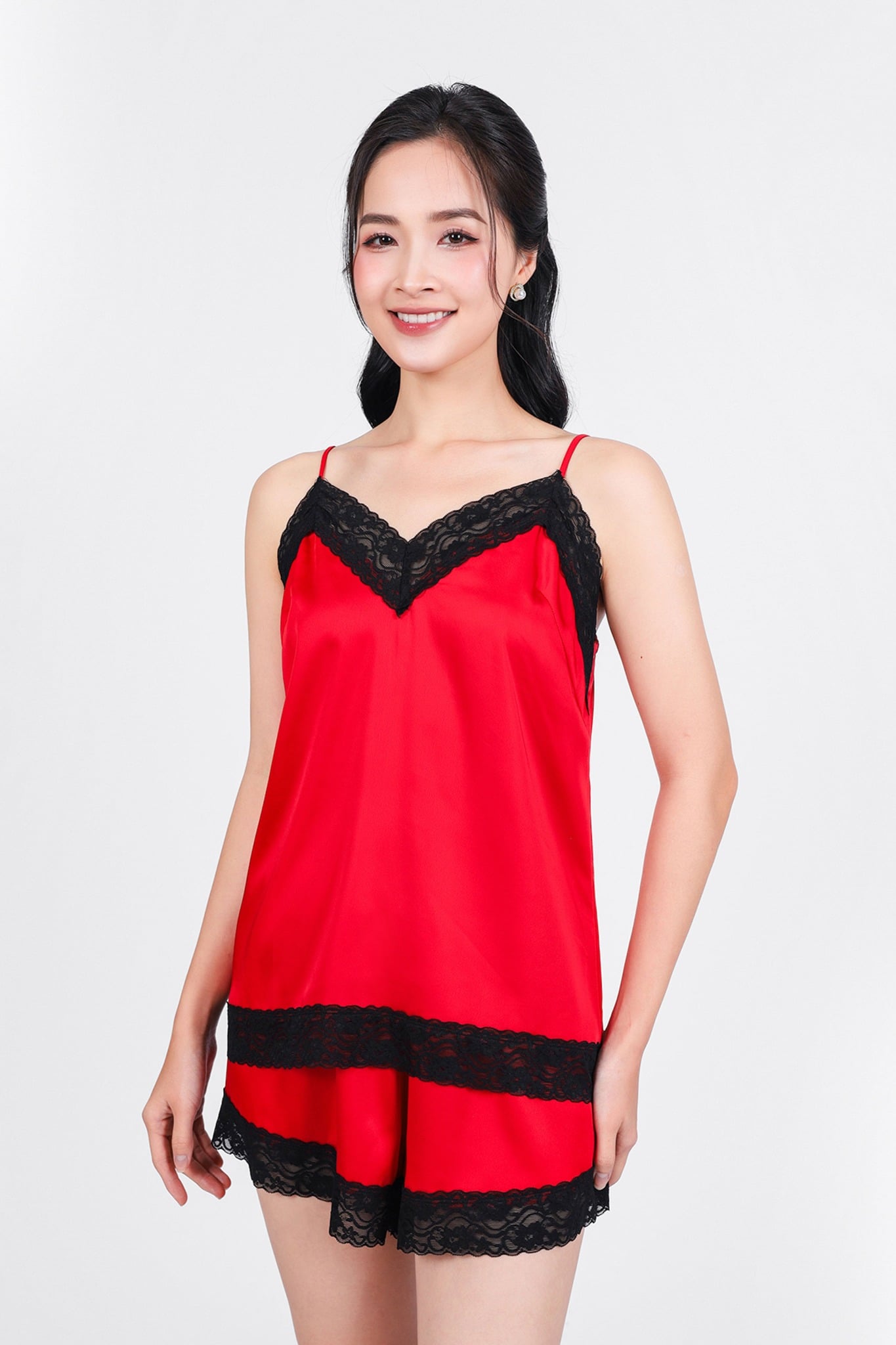 BMN3072 - Bộ mặc nhà vải lụa satin cao cấp dáng suông phối viền ren tạo kiểu - PANTIO