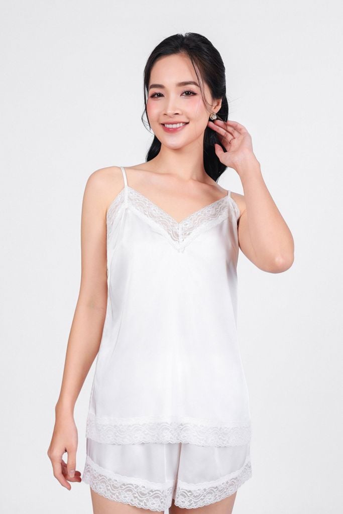 BMN3072 - Bộ mặc nhà vải lụa satin cao cấp dáng suông phối viền ren tạo kiểu - PANTIO