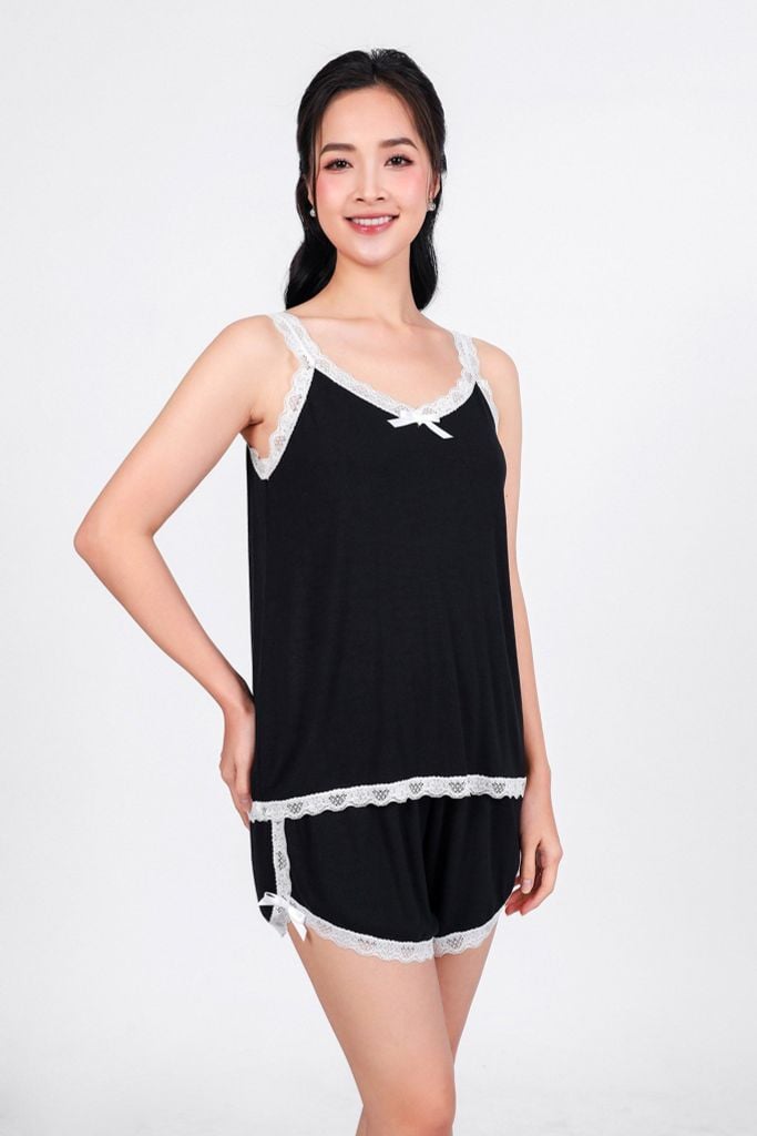 BNG051 - Bộ ngủ cao cấp vải len dáng suông ngực đính nơ viền ren tạo kiểu - PANTIO