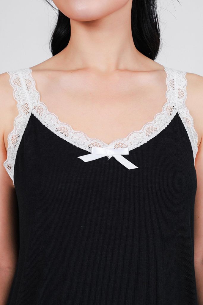 BNG051 - Bộ ngủ cao cấp vải len dáng suông ngực đính nơ viền ren tạo kiểu - PANTIO