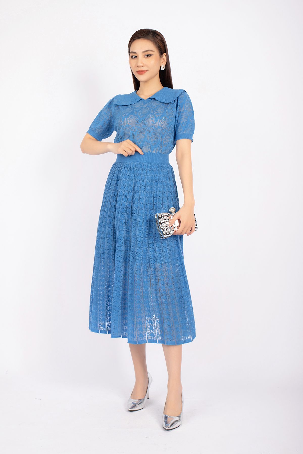 BOL268 - Bộ len cao cấp áo cổ cách điệu tay bồng chân váy xòe cạp chun dài qua gối - PANTIO