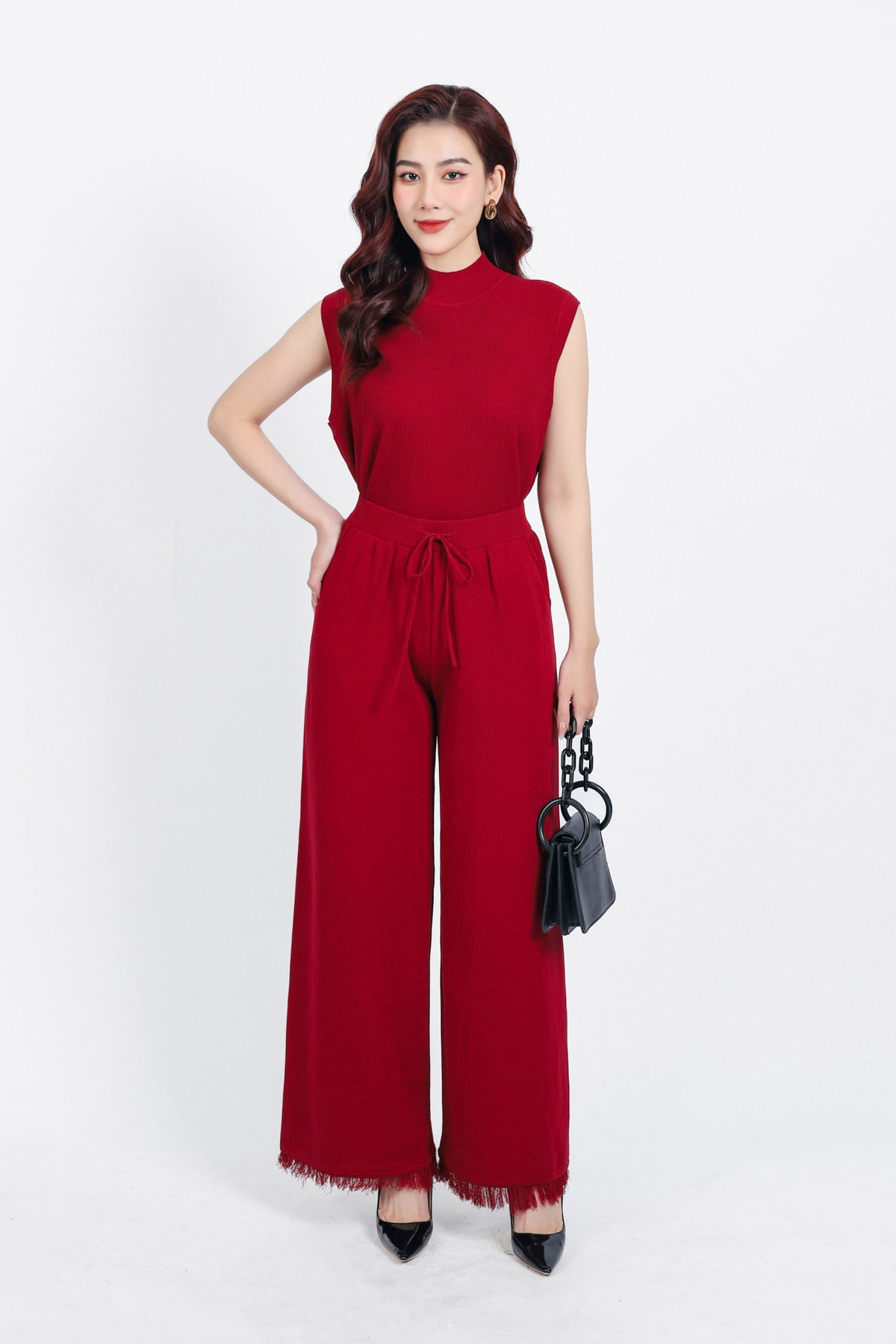 BQO425 - Quần len thời trang cao cấp dáng suông ống rộng cạp chun co giãn phối dây nơ gấu tua rua trang trí - PANTIO