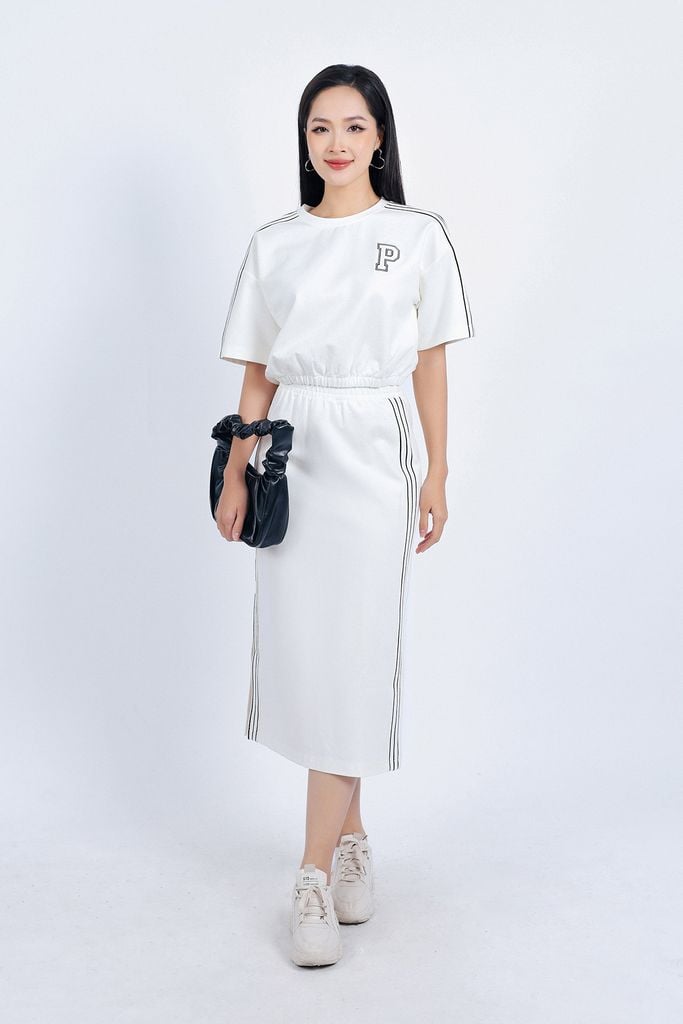 BTT1010 - Bộ thể thao vải Cotton áo tay lửng dáng suông + chân váy cạp chun dáng suông hoạ tiết kẻ sọc - PANTIO