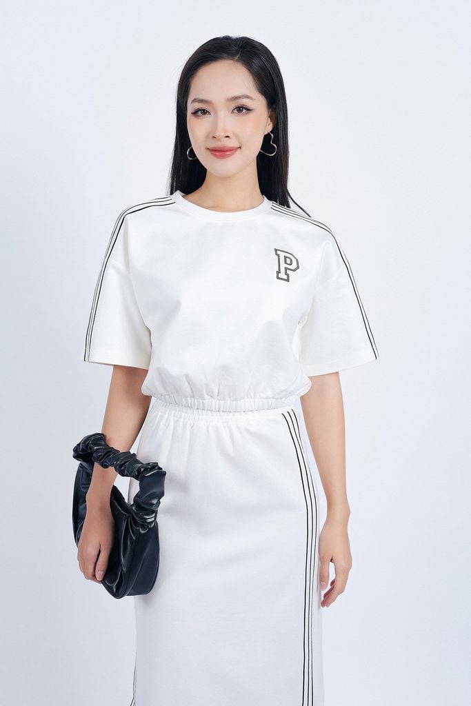 BTT1010 - Bộ thể thao vải Cotton áo tay lửng dáng suông + chân váy cạp chun dáng suông hoạ tiết kẻ sọc - PANTIO