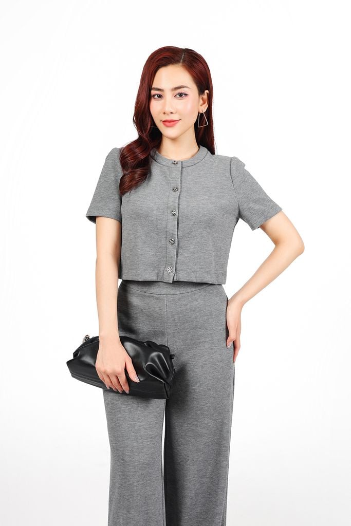 BTT1016 - Bộ thể thao vải nhung thời trang áo dáng lửng cổ tròn tay ngắn + quần dài dáng suông ống đứng thời trang - PANTIO