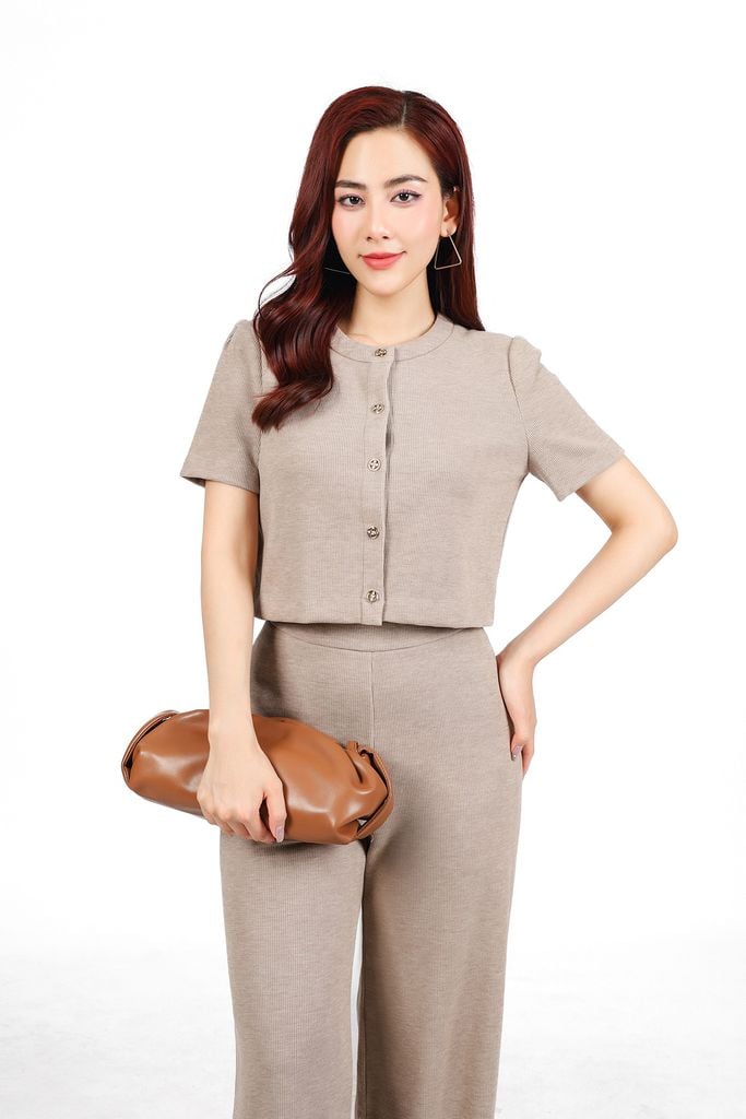 BTT1016 - Bộ thể thao vải nhung thời trang áo dáng lửng cổ tròn tay ngắn + quần dài dáng suông ống đứng thời trang - PANTIO