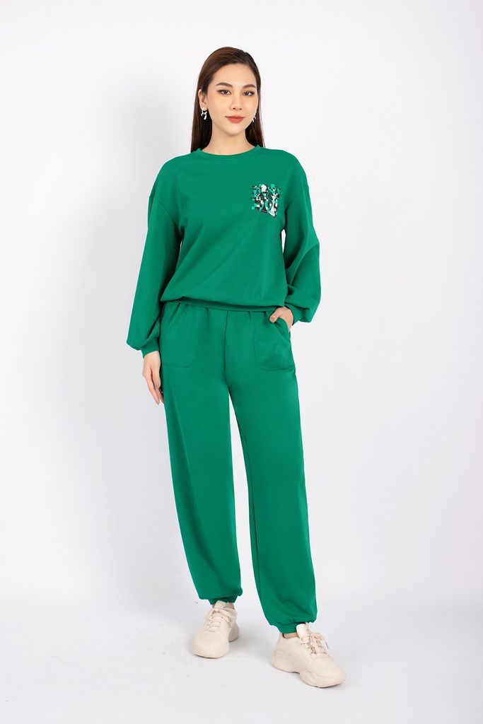 BTT9002 - Bộ thể thao vải cotton áo dáng suông bo cạp phối họa tiết in quần bom bo gấu cạp chun - PANTIO