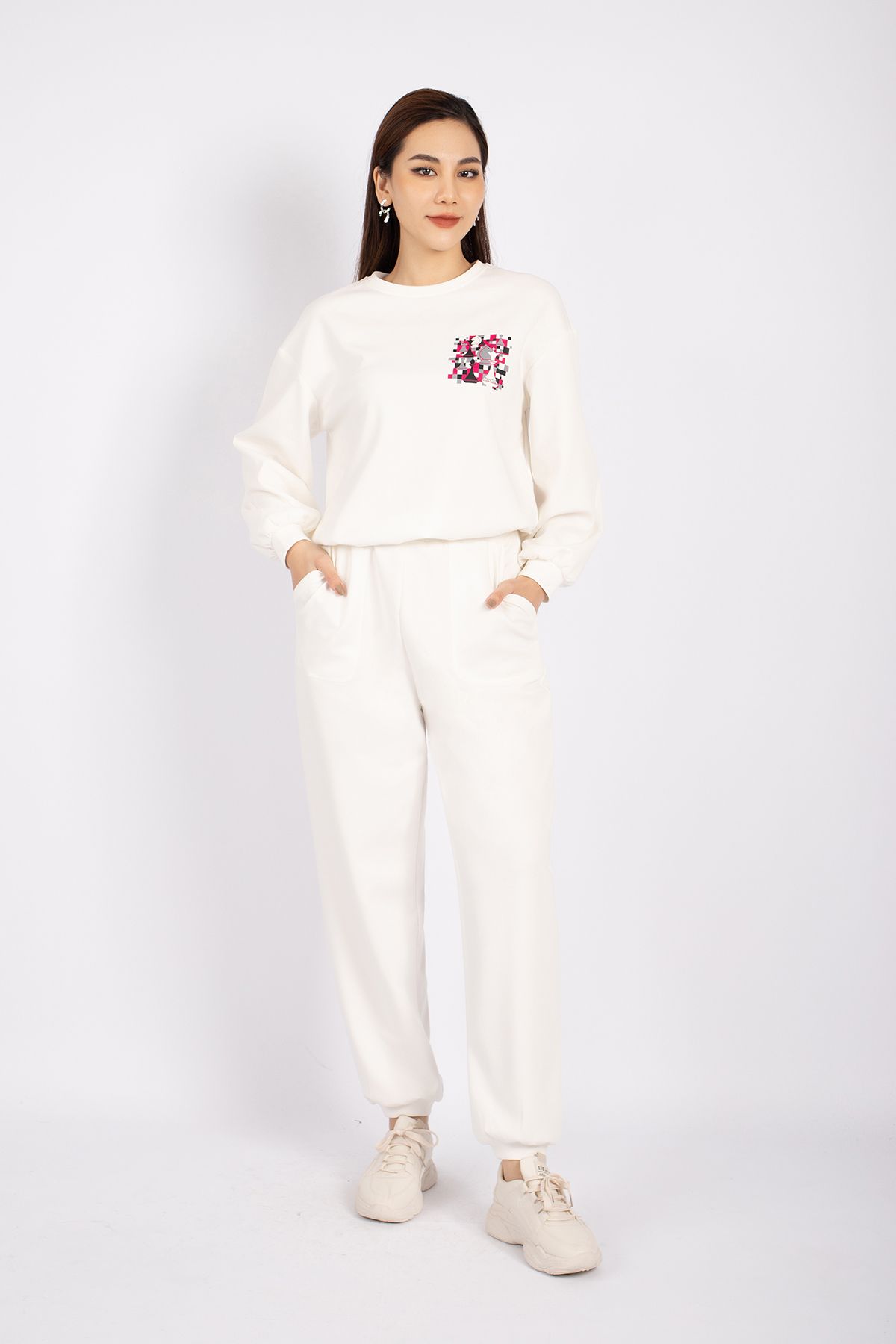 BTT9002 - Bộ thể thao vải cotton áo dáng suông bo cạp phối họa tiết in quần bom bo gấu cạp chun - PANTIO