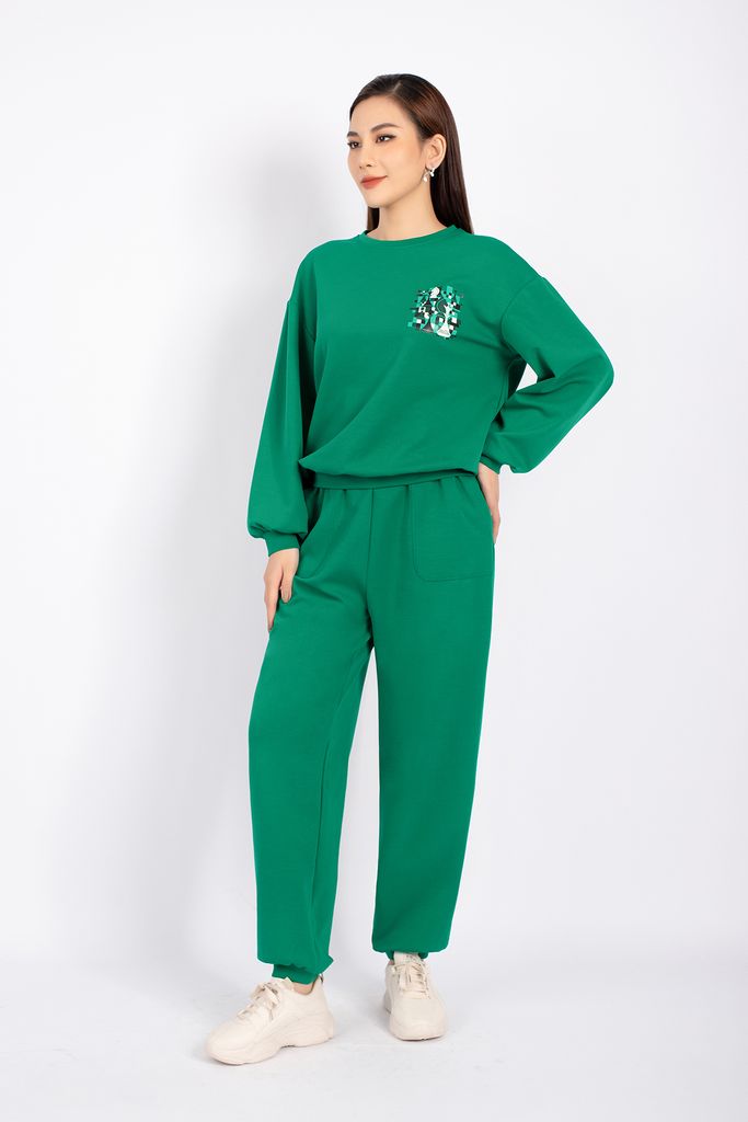 BTT9002 - Bộ thể thao vải cotton áo dáng suông bo cạp phối họa tiết in quần bom bo gấu cạp chun - PANTIO