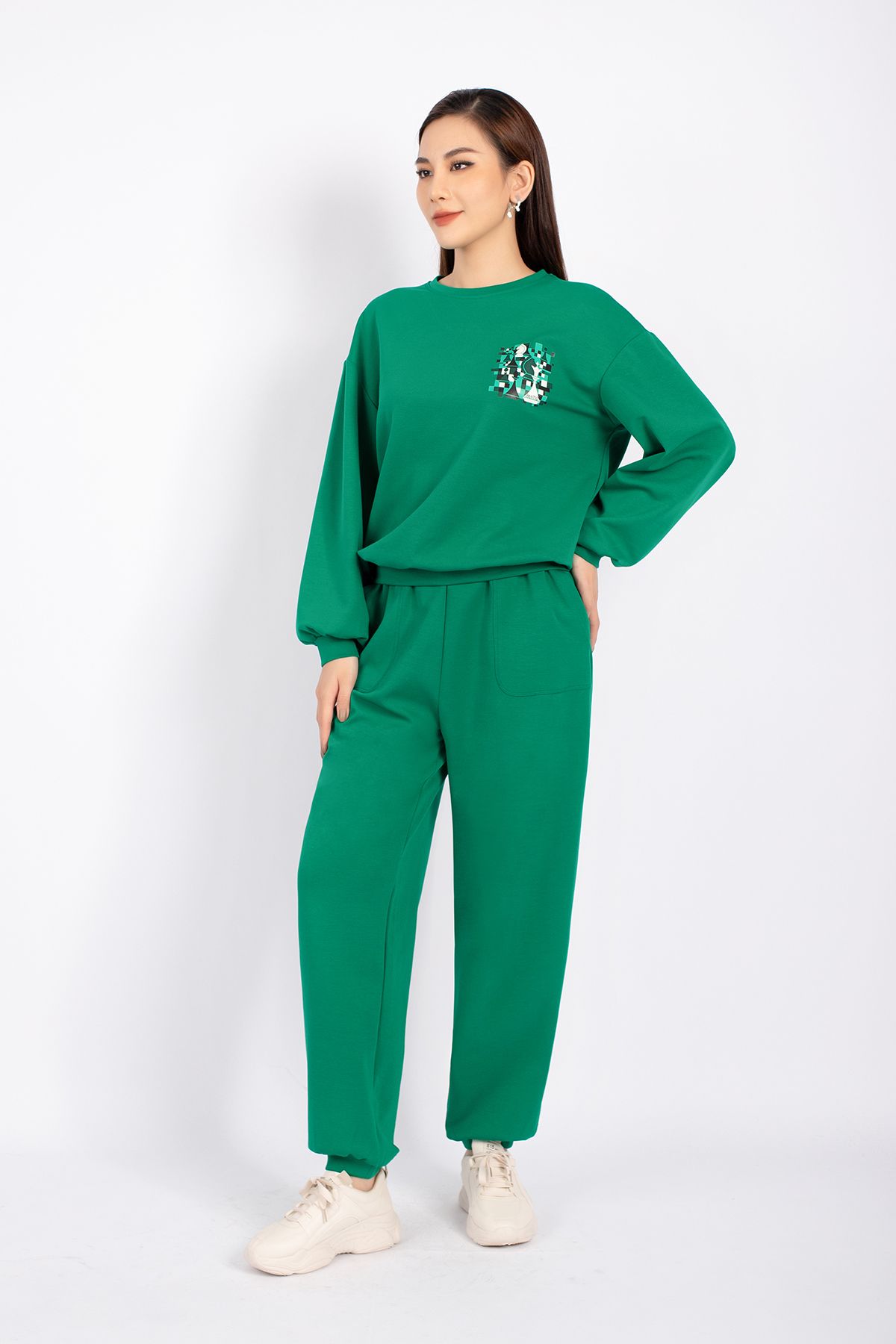 BTT9002 - Bộ thể thao vải cotton áo dáng suông bo cạp phối họa tiết in quần bom bo gấu cạp chun - PANTIO