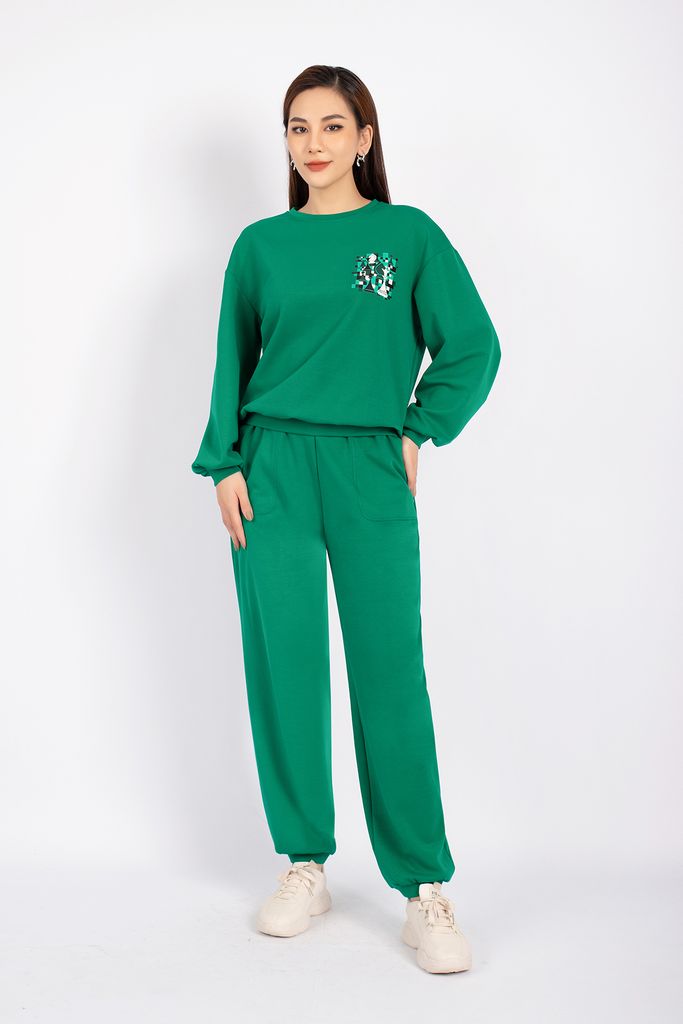 BTT9002 - Bộ thể thao vải cotton áo dáng suông bo cạp phối họa tiết in quần bom bo gấu cạp chun - PANTIO