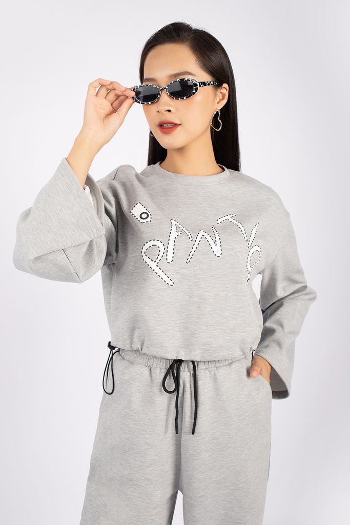 BTT9003 - Bộ thể thao vải cotton áo dáng croptop phối hình in trang trí quần bo gấp cạp chun - PANTIO