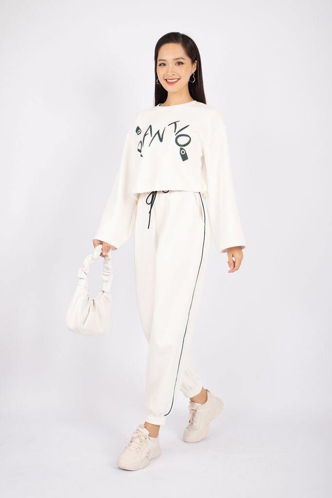 BTT9003 - Bộ thể thao vải cotton áo dáng croptop phối hình in trang trí quần bo gấp cạp chun - PANTIO
