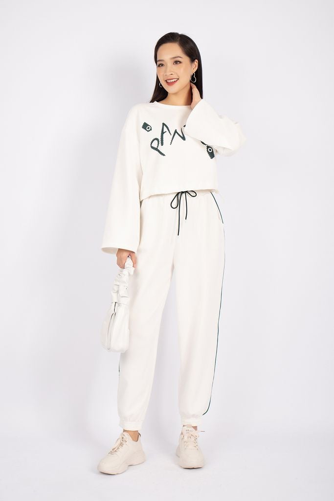 BTT9003 - Bộ thể thao vải cotton áo dáng croptop phối hình in trang trí quần bo gấp cạp chun - PANTIO