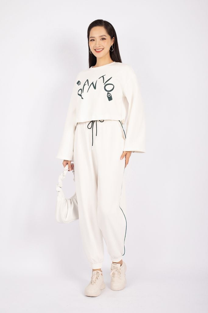 BTT9003 - Bộ thể thao vải cotton áo dáng croptop phối hình in trang trí quần bo gấp cạp chun - PANTIO