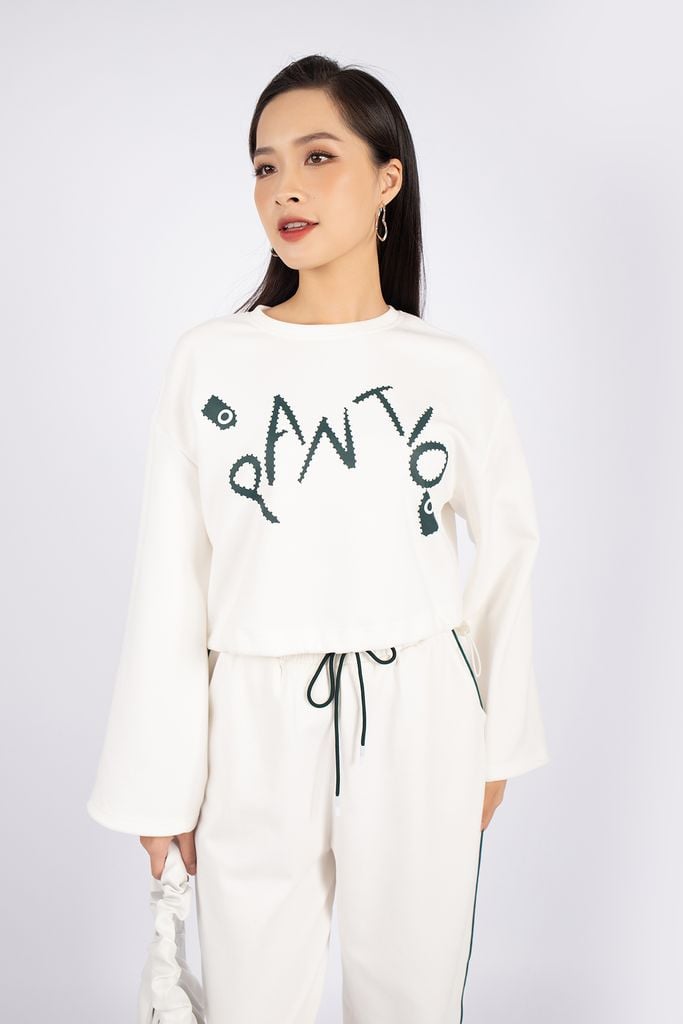 BTT9003 - Bộ thể thao vải cotton áo dáng croptop phối hình in trang trí quần bo gấp cạp chun - PANTIO