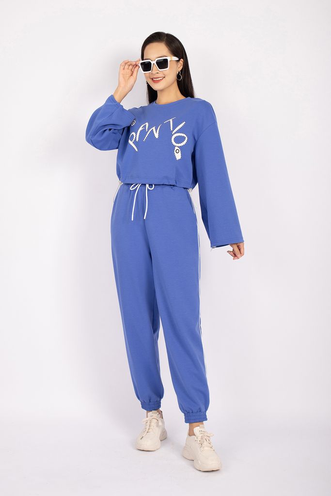 BTT9003 - Bộ thể thao vải cotton áo dáng croptop phối hình in trang trí quần bo gấp cạp chun - PANTIO