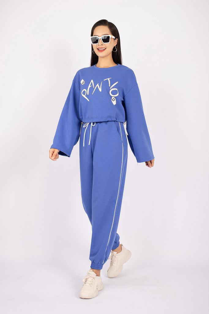 BTT9003 - Bộ thể thao vải cotton áo dáng croptop phối hình in trang trí quần bo gấp cạp chun - PANTIO