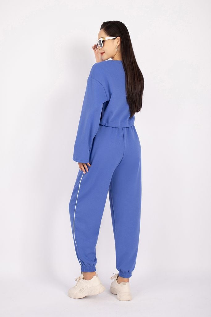 BTT9003 - Bộ thể thao vải cotton áo dáng croptop phối hình in trang trí quần bo gấp cạp chun - PANTIO
