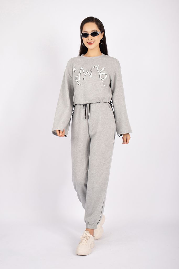 BTT9003 - Bộ thể thao vải cotton áo dáng croptop phối hình in trang trí quần bo gấp cạp chun - PANTIO