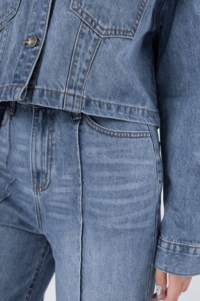 BQB169 - Quần jean dạo phố vải denim dáng suông ống rộng phối đường gân tạo kiểu - PANTIO