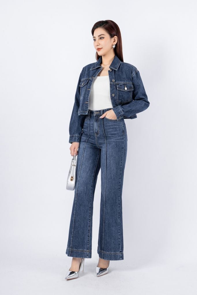 BQB169 - Quần jean dạo phố vải denim dáng suông ống rộng phối đường gân tạo kiểu - PANTIO