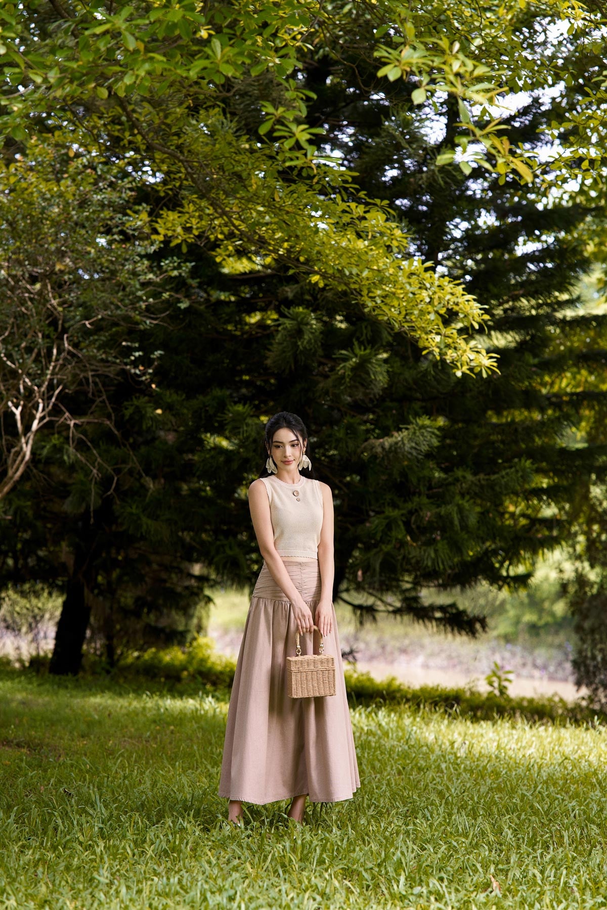 FJD51210 - Chân váy công sở vải linen hai lớp lót boi dáng chữ A dài eo đáp cạp bản to xếp nhún khoá thân sau - PANTIO