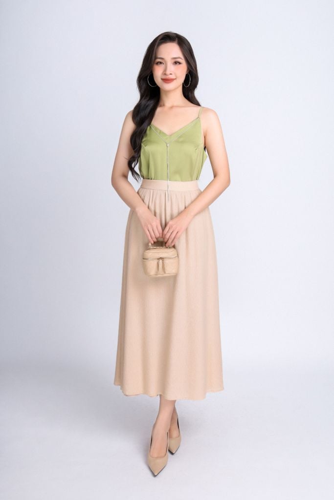 BJD33061 - Chân váy công sở vải tơ nhăn dáng xoè có lót habutai caph sau phối chun - PANTIO