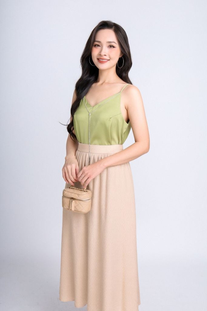 BJD33061 - Chân váy công sở vải tơ nhăn dáng xoè có lót habutai caph sau phối chun - PANTIO