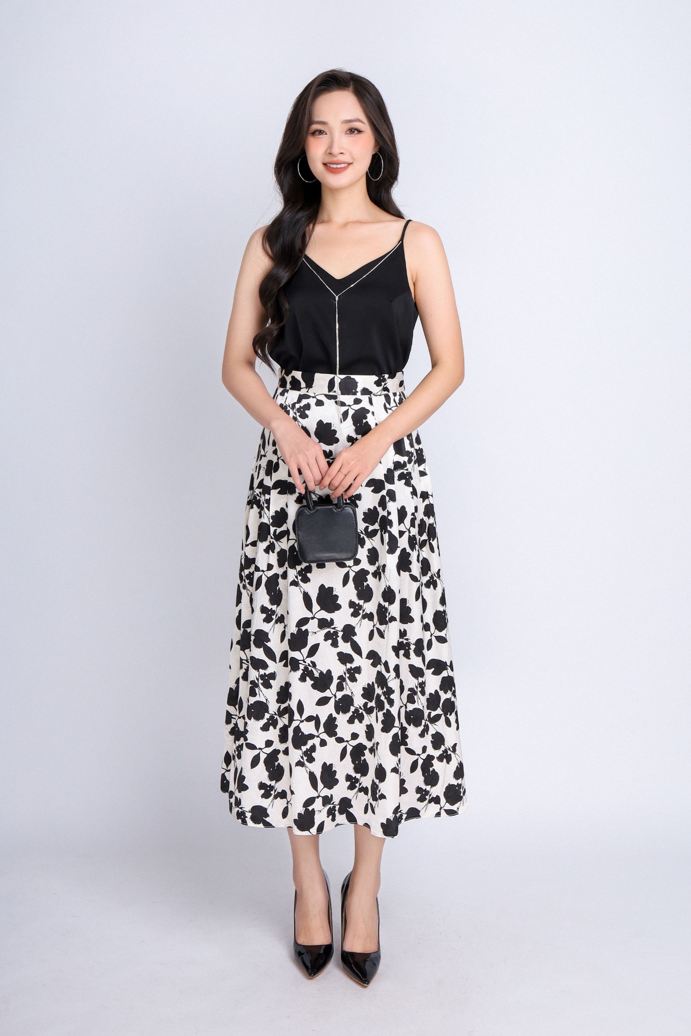 FJD31162 - Chân váy công sở vải lụa dáng xoè dài qua gối khoá thân sau - PANTIO