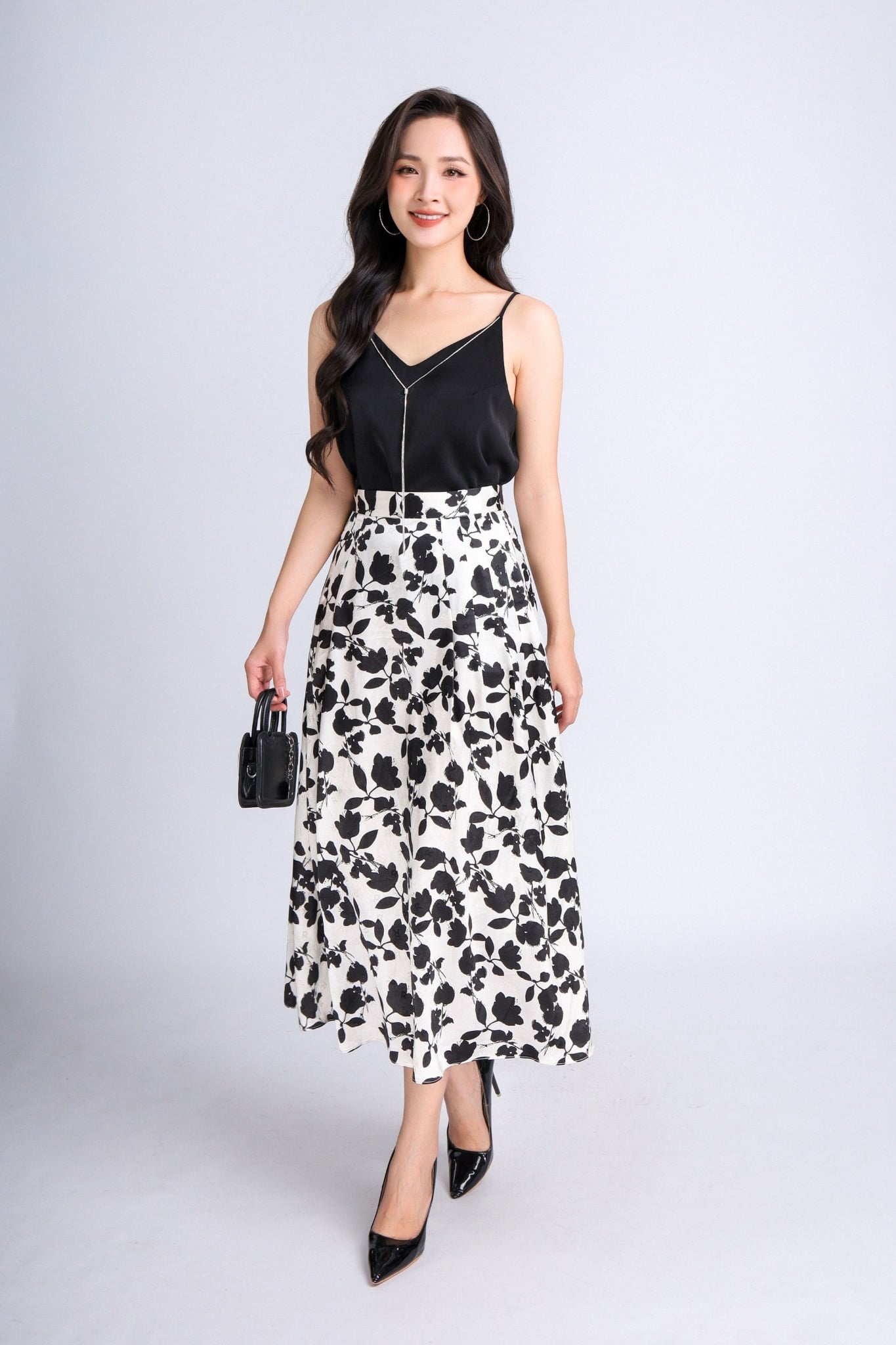 FJD31162 - Chân váy công sở vải lụa dáng xoè dài qua gối khoá thân sau - PANTIO