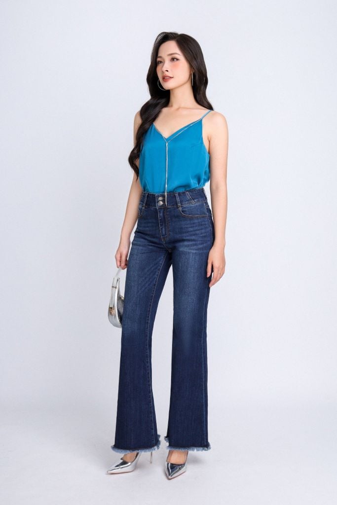 FQB168 - Quần jean cao cấp vải denim dáng loe ống vẩy gấu rút tua rua tạo kiểu - PANTIO